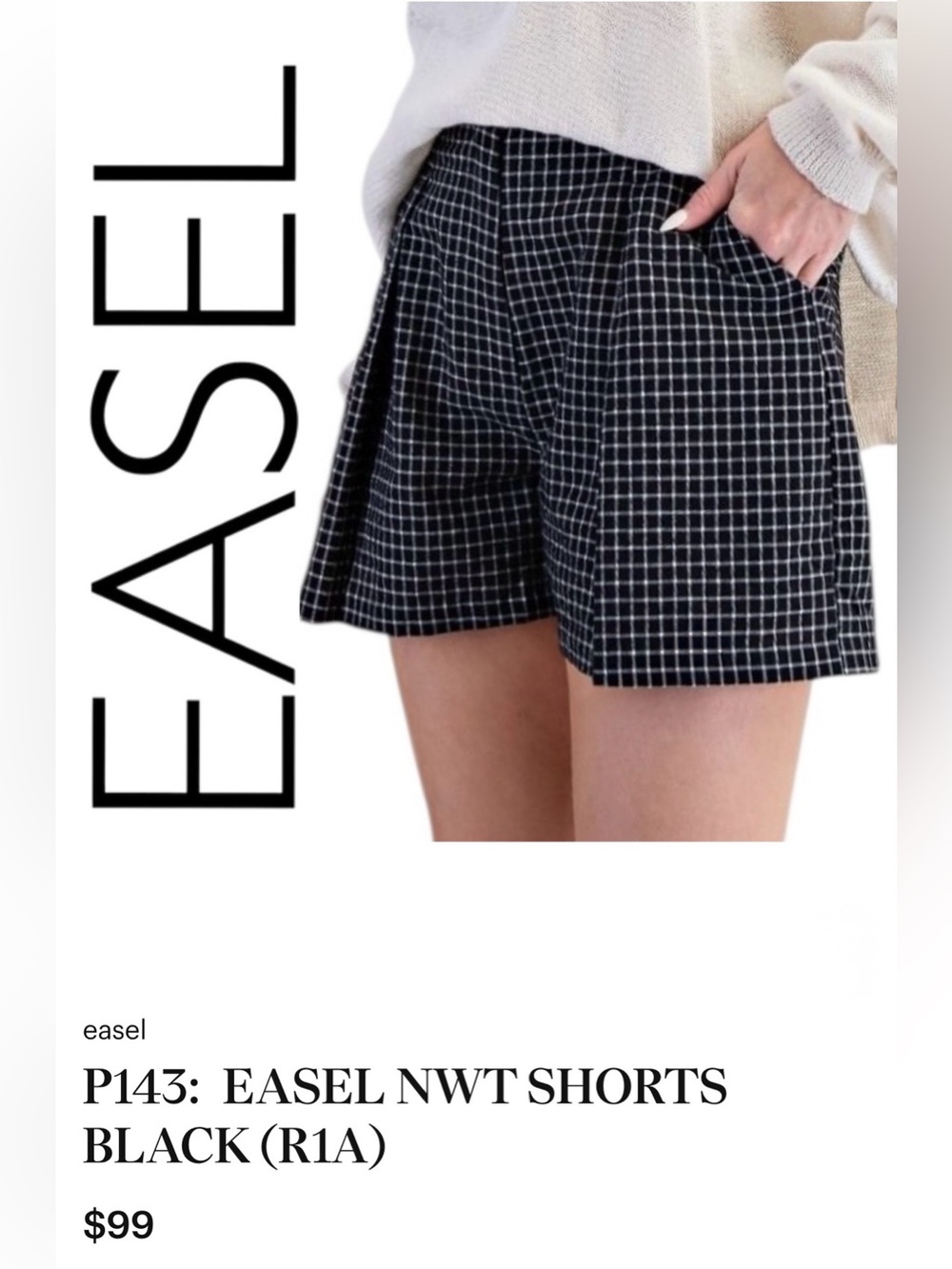 Easel  Black Windowpane Pleated High-Waist Shorts_NWT_ Sz M